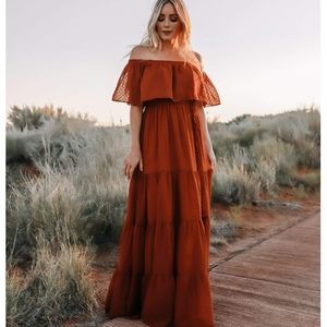 Baltic Born Swiss Dot Maxi Dress Rust Off The Shoulder Fall Dress M Medium